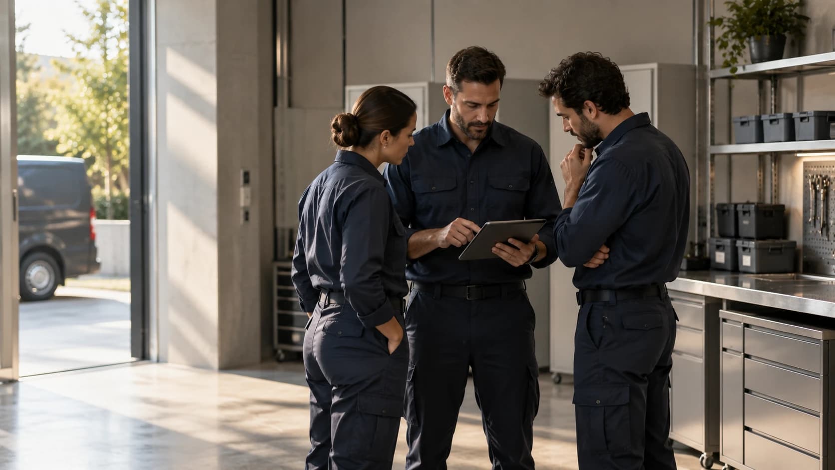Saha ekibinin kurumsal üniformayla, temiz ve profesyonel bir grup portresi ya da teknik ekibin planlama toplantısı. Kesinlikle turuncu tulum / gaz maskesi değil.